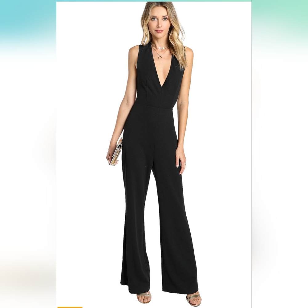 XS SHEIN MakeMeChic Women's Sexy Deep V Neck Sleeveless Wide Leg Jumpsuit Romper